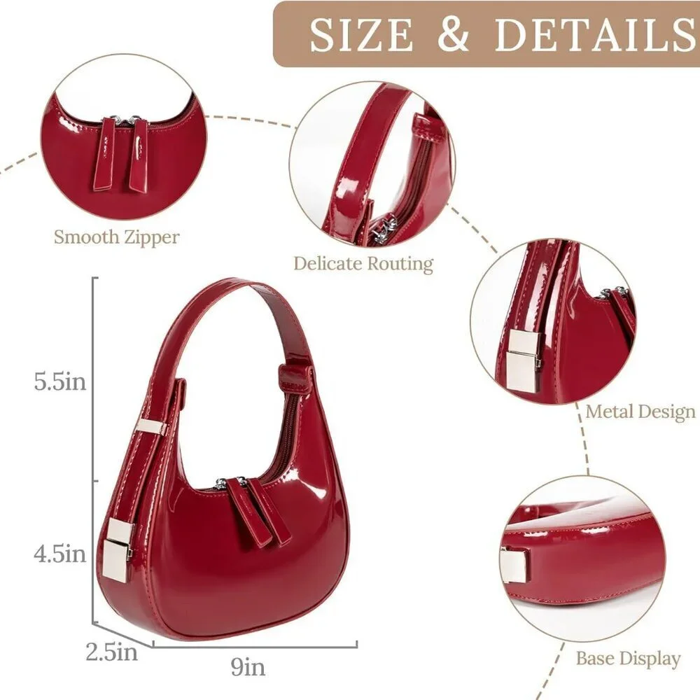 Women's Leather Crescent Shoulder Bag Y2K 90s Hobo Purse Small Red